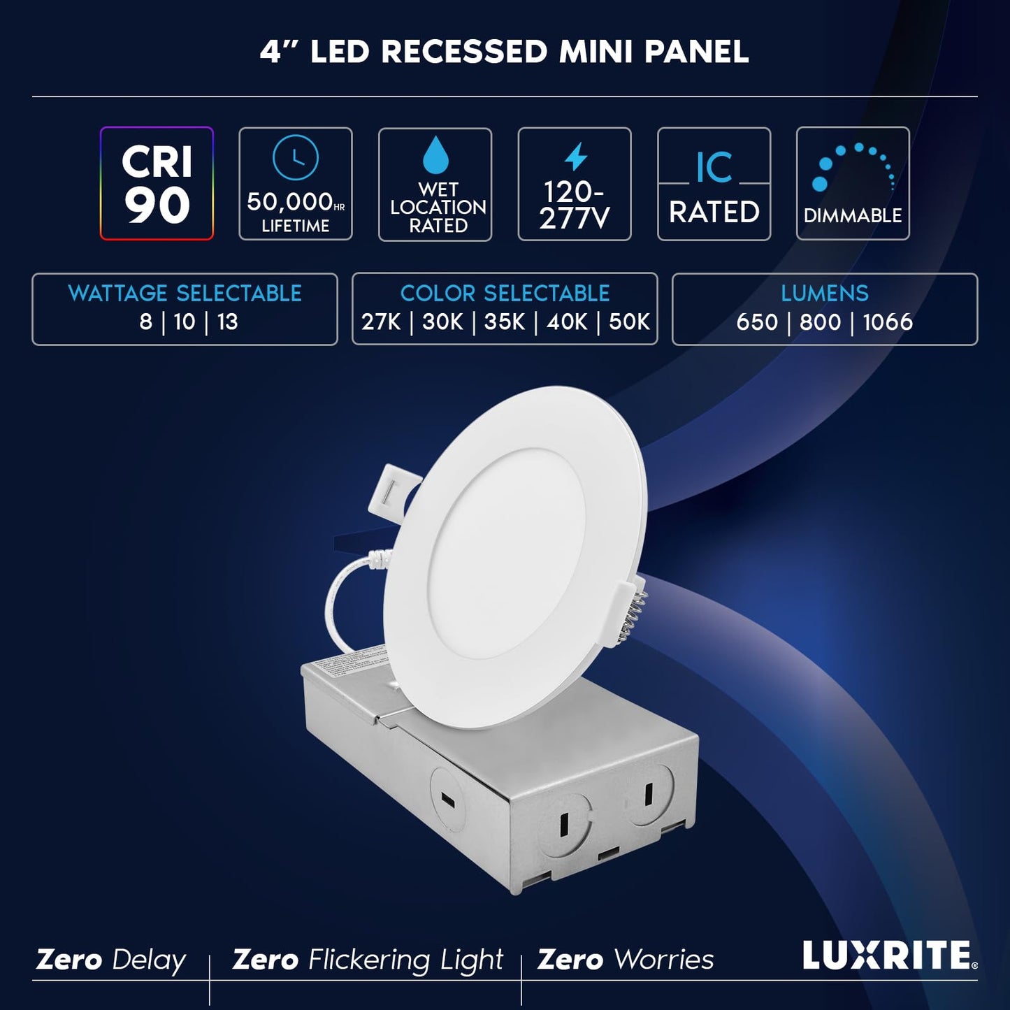 LUXRITE 4 Inch Canless Spotlight, LED Recessed Lighting, 5CCT 2700K-5000K, Dual Dimmable Ceiling Light, 650/800/1066 Lumens, CRI 90, 8W/10W/13W Selectable, IC Rated, Wet Rated, ETL Listed
