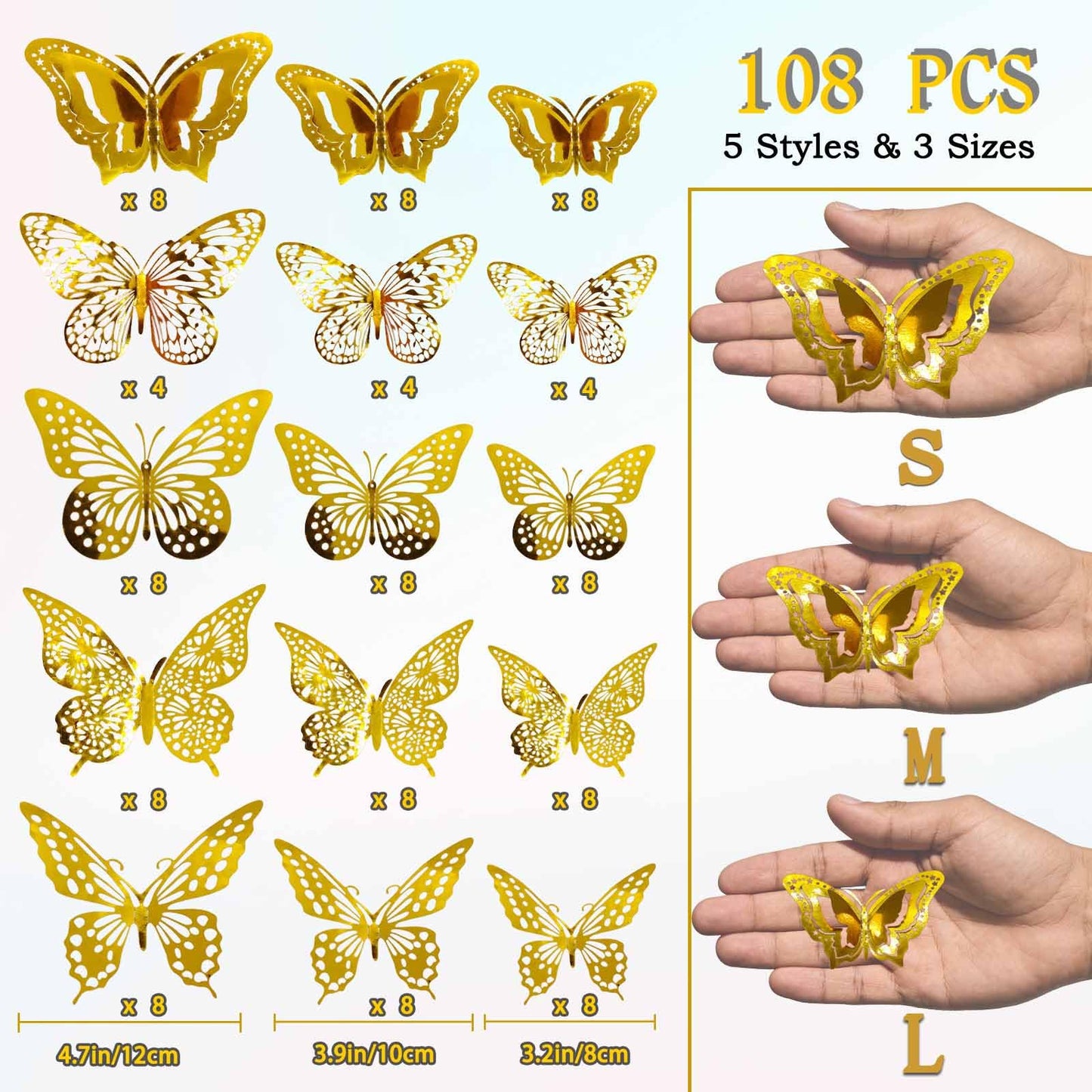 Kisajar Butterfly Wall Decor,108 Pcs 3D Gold Butterflies - 5 Styles 3 Sizes Removable Decorative Butterflies Stickers for Bouquets,Birthday Party,Wedding,Cake Decorations