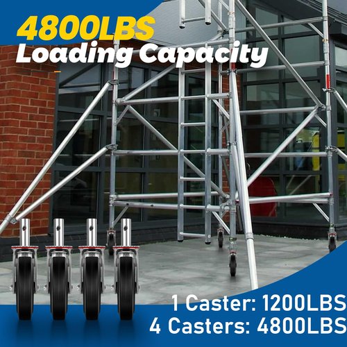8 Inch Scaffolding Wheels, Scaffold Wheels Set of 4 with Dual-Lock Brakes & Thickened Steel Plate, Heavy Duty 4800lbs Capacity Rubber Swivel Casters for Scaffold, Shelves, Workbench