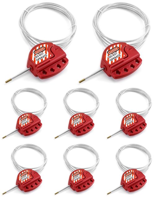 QWORK Lockout Tagout Cable Lock, 8 Pack Adjustable Steel Vinyl Coated Cable Lockout, 3/16" Diameter, 5.9' Length, Red