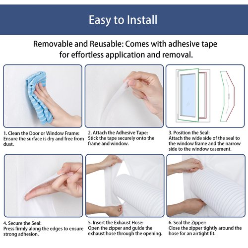 Portable Air Conditioner Window Seal Kit, 300CM (118") AC Casement, Hot Air Stop Air Exchange Guards with Zip and Adhesive Fastener Works with Mobile Air-Conditioning, Keep House Cool