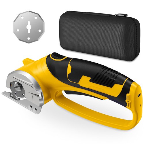 Cordless Electric Scissors, 4V Rechargeable Heavy Duty Rotary Cutter with LED Light & Safety Lock for Cardboard, Fabric, Leather, Carpet, Plastic, Crafting, Sewing, DIY & Industrial Use + Box (Yellow)