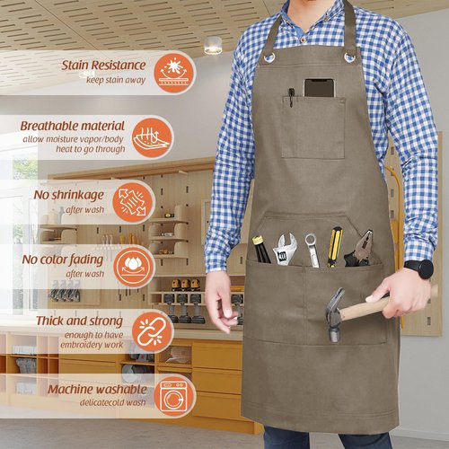 Dadidyc Adjustable Work Apron for Men,Heavy Duty Canvas Shop Apron Crossback with Tool Pockets (Brown)