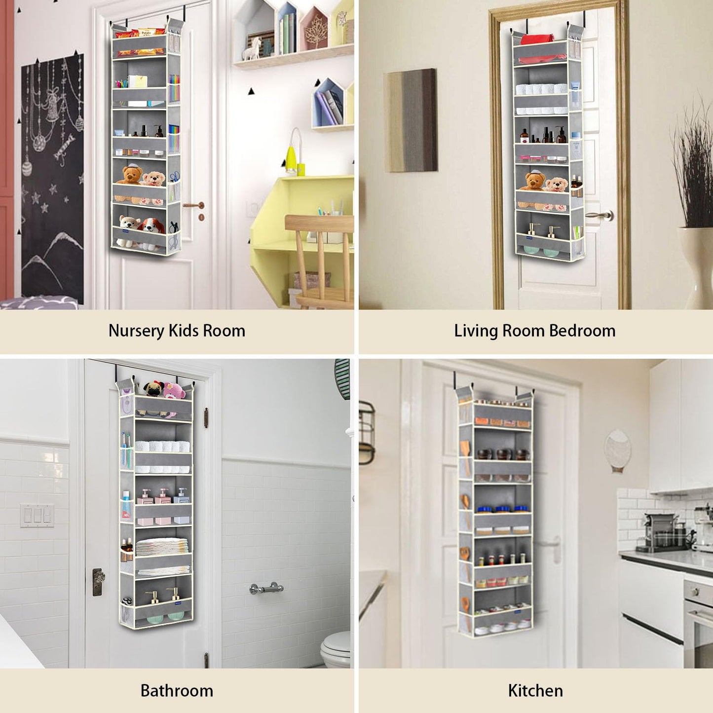 roomtalk Over The Door Organizer 5-Shelves and 10 Side Pockets, Over The Door Storage for Bathroom Bedroom Nursery, Hanging Door Organizer for Baby Diapers and Kids Toys (13"x5"x44", Grey)