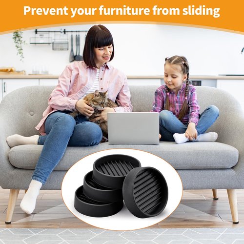 Non Slip Rubber Furniture Pads 2 inch 4PCS, Couch Bed Stoppers to Prevent Sliding, Furniture Coasters, Non Skid Furniture Grippers for Hardwood Floors Black Round