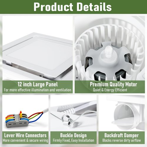 Kirumie Bathroom Exhaust Fan with Light, 110CFM Bathroom Fan with Light 3000K/4500K/6000K, Quiet Vent with Lever Wire Connectors&Duct, 12 Inch Ceiling Mount Exhaust Fan for Home, Hotel, Office