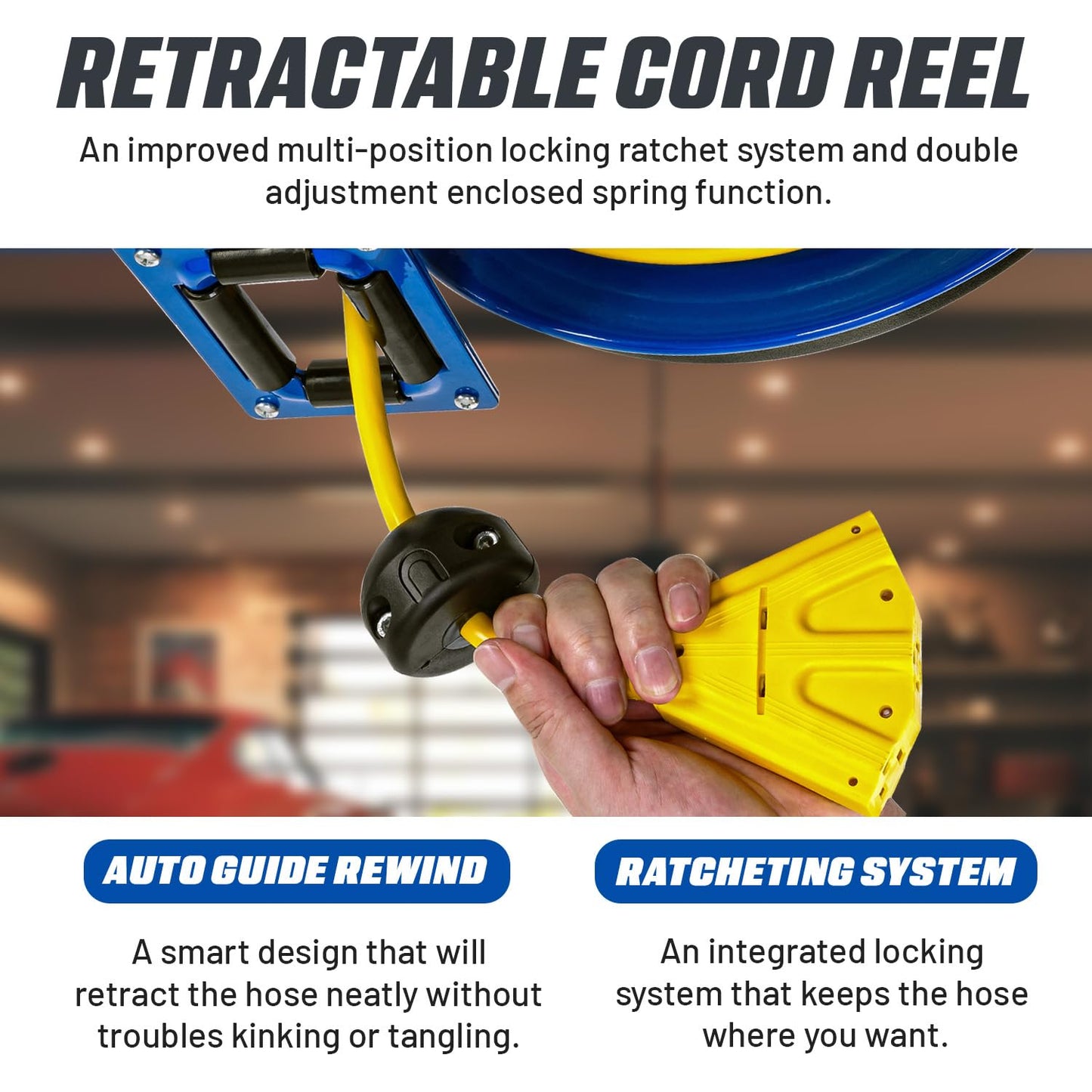 Goodyear Retractable Extension Cord Reel – Heavy-Duty Commercial Cable with Triple Tap Connector, Auto-Rewind & Wall/Ceiling Mountable (Industrial, 12AWG x 80 ft)