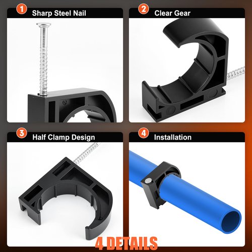 50 PCS 1/2" Half Clamps J-Hook with Nails for PEX, Copper, CPVC Tubing/Pipe Support, Heavy Duty Pipe Support Clamps, Durable Black J-Hooks for Secure Installation by Tavonuxt