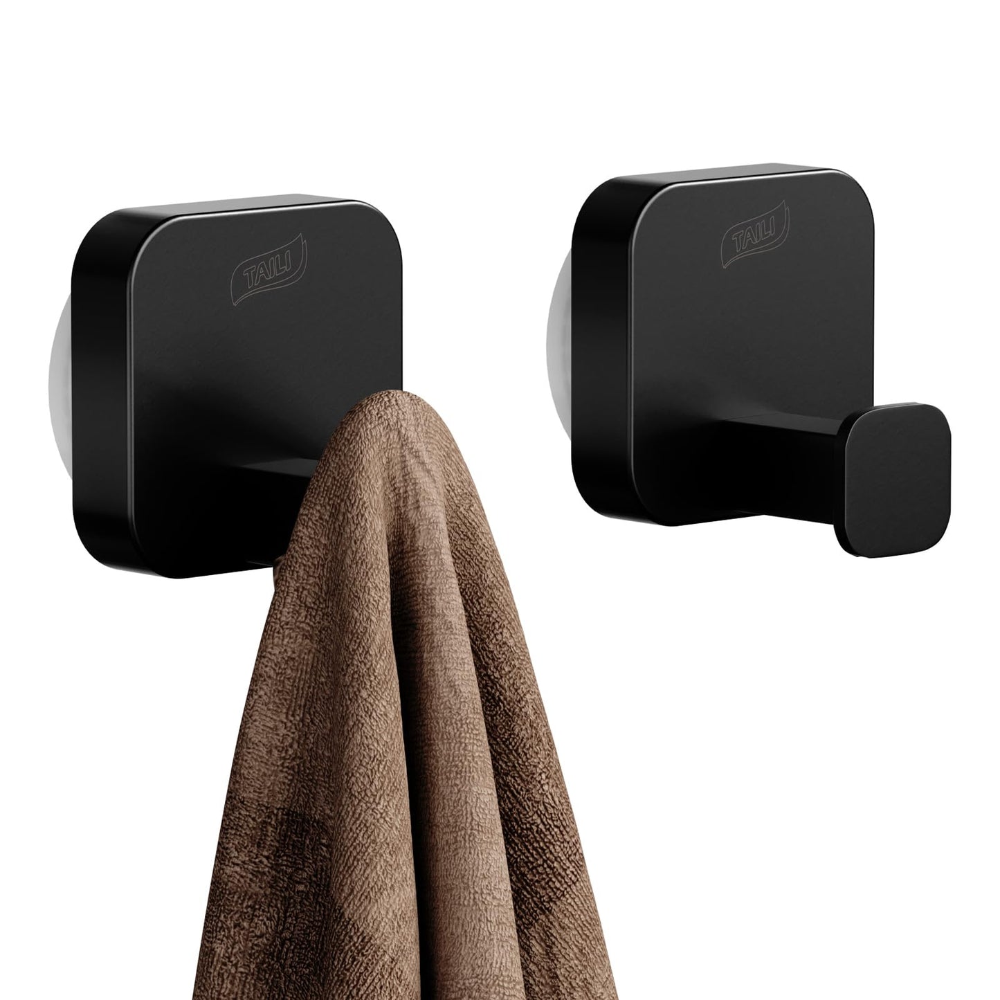TAILI 304 Stainless Steel Bathroom Suction Hook for Towel, Loofah, Bathrobe, Patented Strong Suction Cup, Damage-Free Hanging Glass Shower Wall Hook, Hold Up to 11 Lbs, 2 Pack, Modern Square, Black