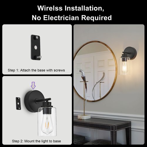 Battery Operated Wall Sconce Set of 2 with Remote Control, Black Rechargeable Wireless Wall Decor Light with Glass Shade, Cordless Wall Lamp for Bedroom Bathroom Mirror Hallway, 3000K Bulbs Include