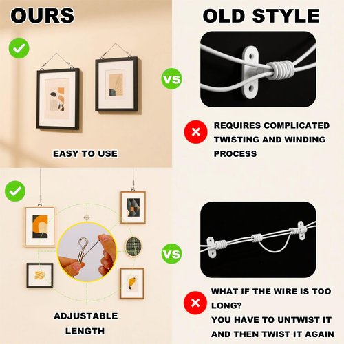 Adjustable Picture Hanging Wire Kit, Supports up to 50lbs Include 4pcs Picture Hanging Wire Hanger Hardware & 8 D Rings & 16 Screws, for Art Pictures Mirrors Billboards Frame Canvas