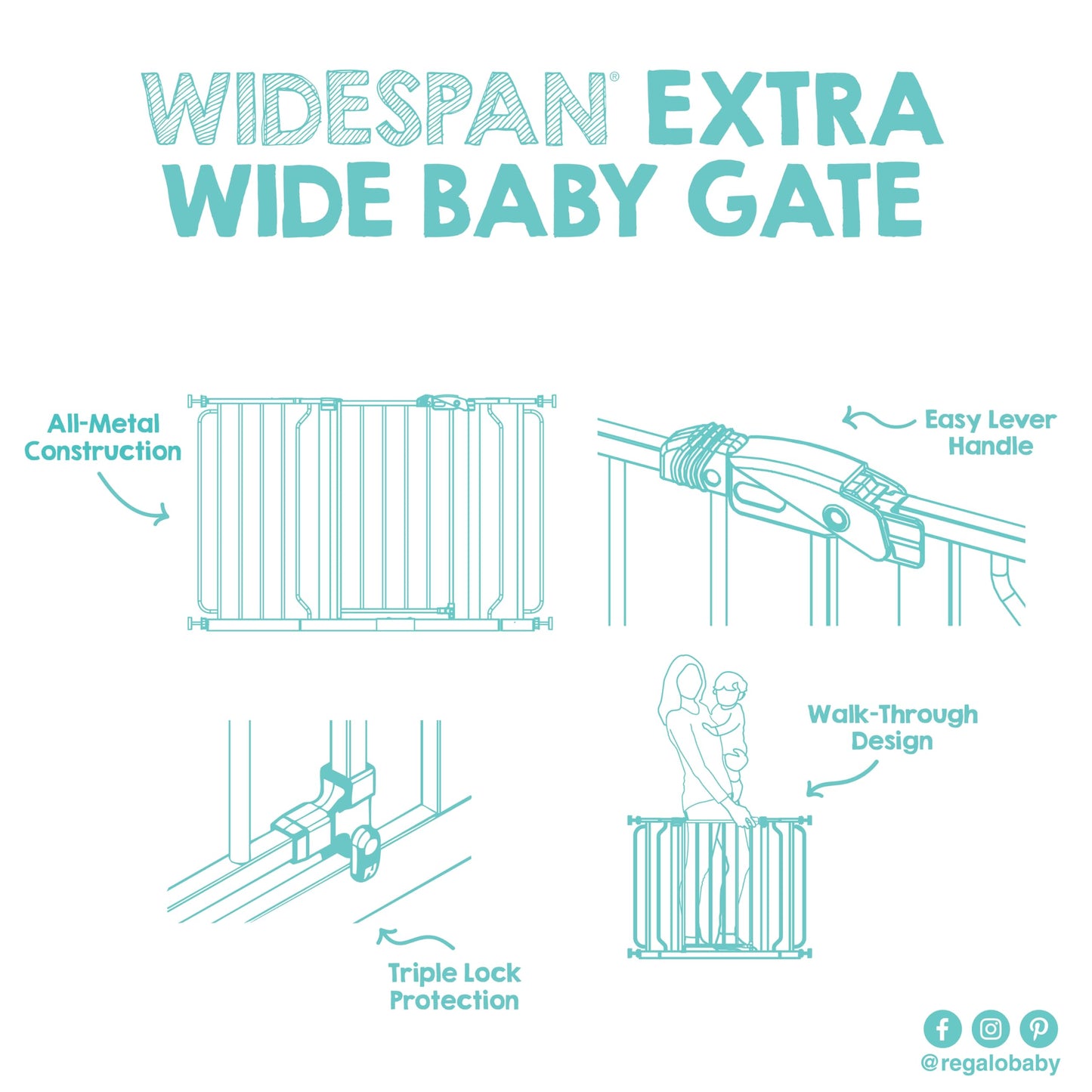 Regalo Safety 29-56" Extra Wide Baby Gate for Doorways & Bottom of Stairs, Pressure Mounted Baby Gate with Door for Babies, Toddlers & Pets, Tested & Safe for 30 Years, American Designed and Owned