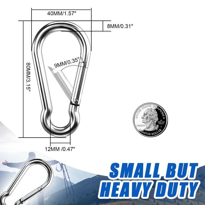 Carabiner Clip Hooks, 20pcs 3.15 inch Carabiners Heavy Duty, 304 Stainless Steel Spring Snap Hook Fits Camping Hiking, Metal Clips for Rope Chain Keys Rings