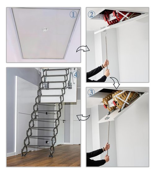 Attic Pull Down Hook System Kit, Heavy Duty Ladder Hook Door Stairs Puller Rod Pole with 3 Handles, Replacement for Ropes Cord String