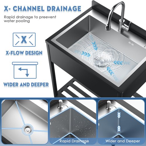 40'' Stainless Steel Utility Sink, Free Stand Commercial Kitchen Single Bowl Sink with Pull-Out Cold & Hot Faucet, Utility Sink for Laundry Room, Kitchen, Bathroom, Hoses & Drain Kit (Style A, Silver)