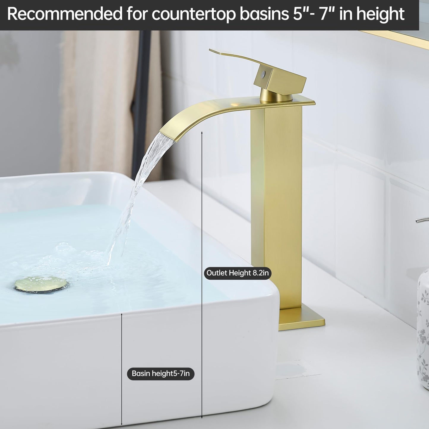 Fransiton Tall Vessel Sink Faucet Brushed Gold Faucet for Bathroom Sink Tall Waterfall Bathroom Faucet Single Handle 1 or 3 Hole Wash with Pop-up Drain