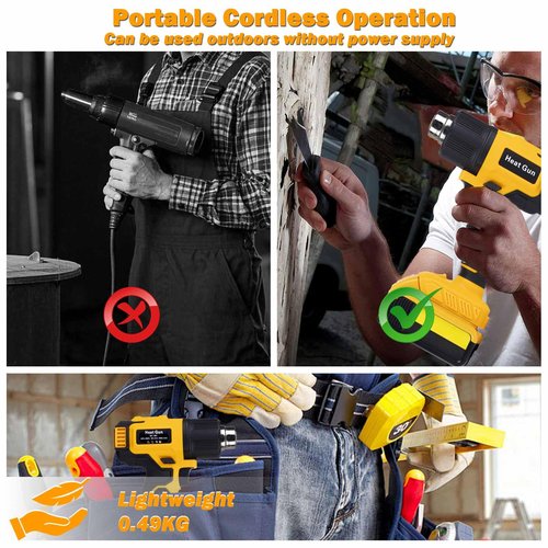 Foduuo Compatible with Cordless Heat Gun Dewalt 20V Battery,LED Light,350W Fast Heating Hot Air Gun 122℉-1022℉ Variable Temperature Control,5 Nozzle for Craft Shrinking PVC Stripping Paint-No Battery