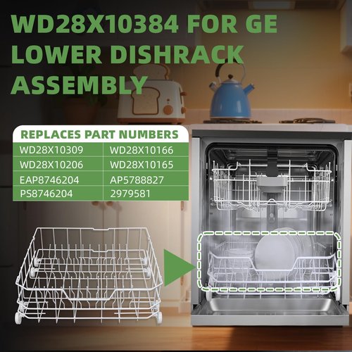 Upgrade WD28X10384 Lower Rack Assembly for GE Dishwasher Rack Replacement, Fits for GE Dishwasher GLD4560V00SS GLD5660N00SS GHDA485N10CS GHDA480N10WW, Includes 8 Rollers, 22.2"D x 21.3"W x 7.3"H