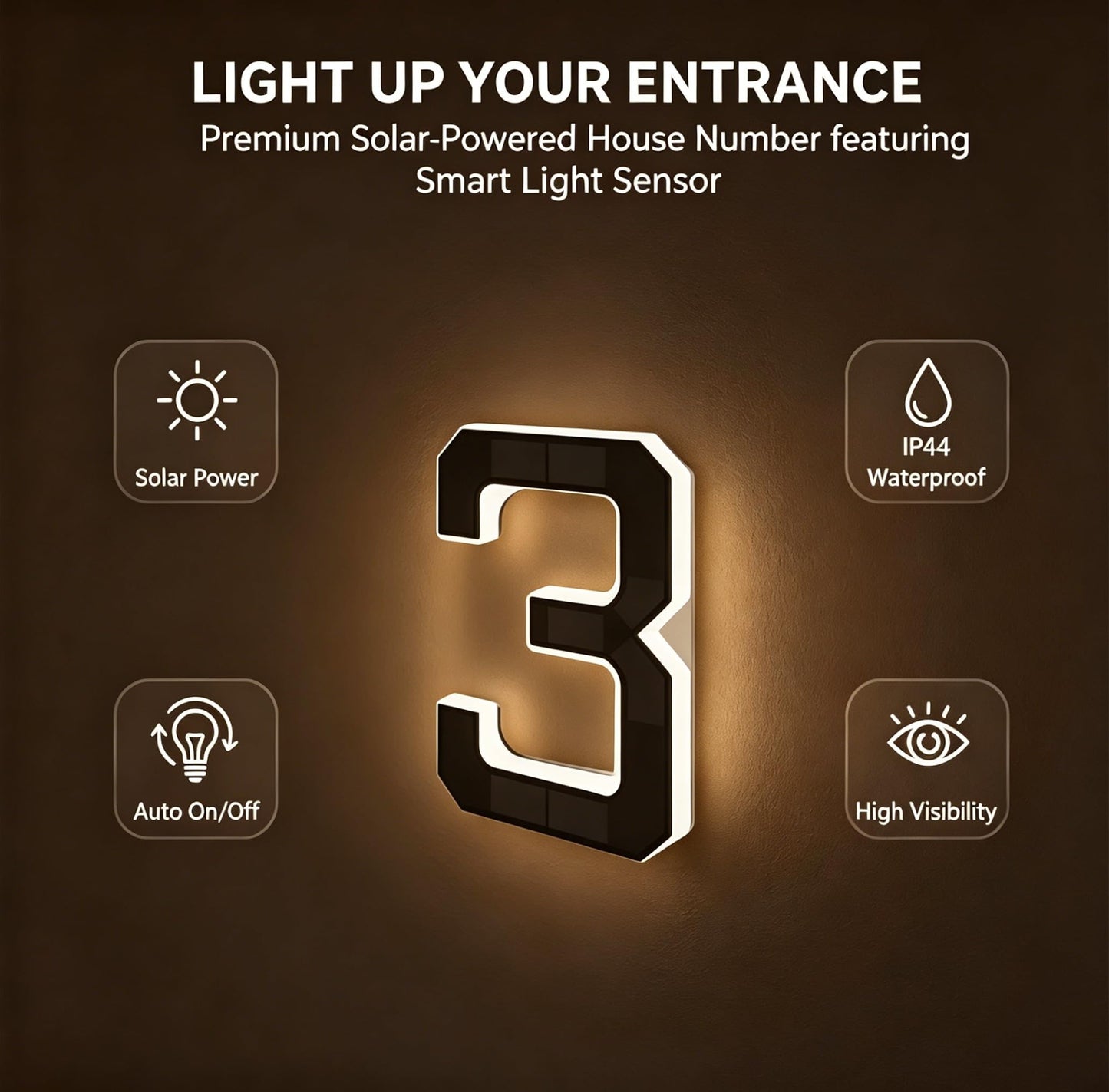 Solar Lighted House Numbers for Outside - 6.7-Inch Solar LED House Numbers & Letters, IP44 Weatherproof Wall Mount for Home Garage Fence with Easy Installation (6-Black)