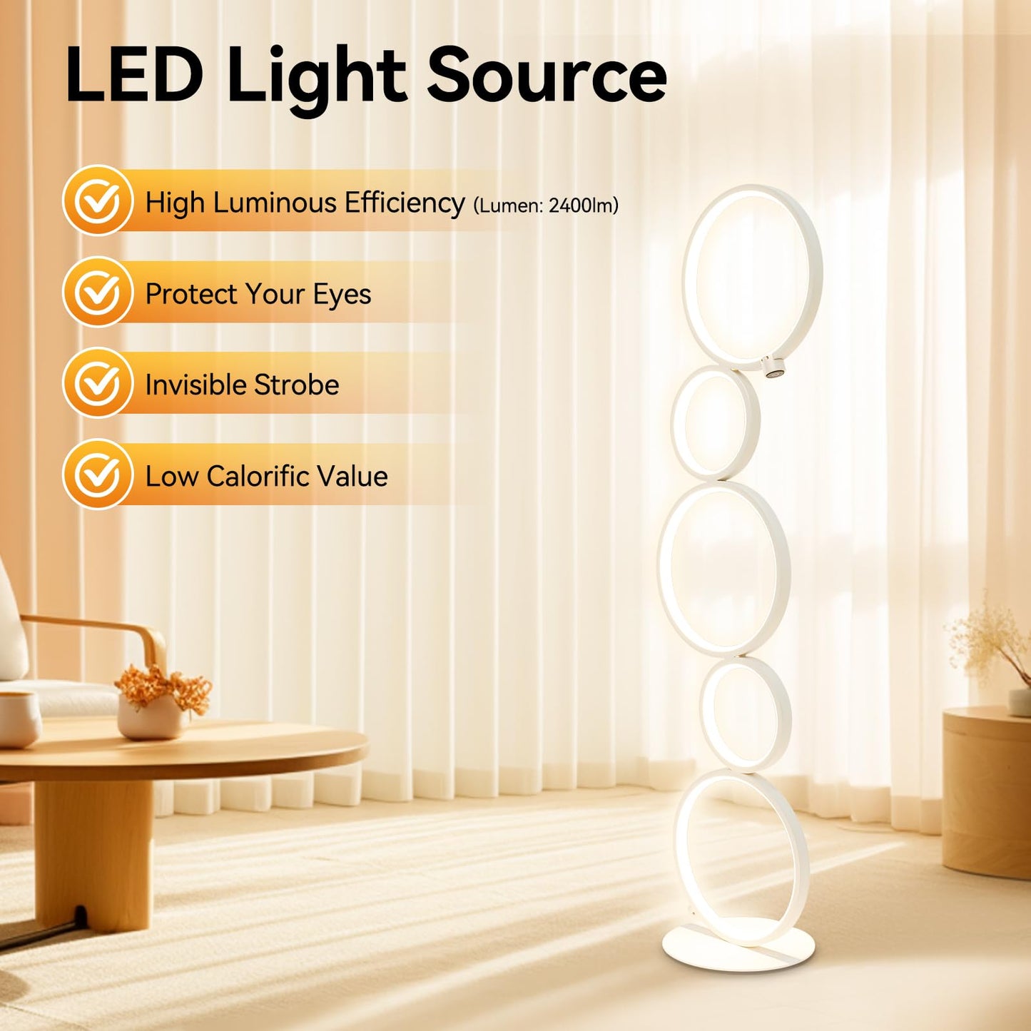 SpaceBovae Modern 5-Circle Ring-Style Floor Lamp, Artistic Trendy Design Ring Standing Lamp, One-Touch Switch Led 5 Ring Floor Standing Tall Lamps for Living Room,Ideal for Home and Office