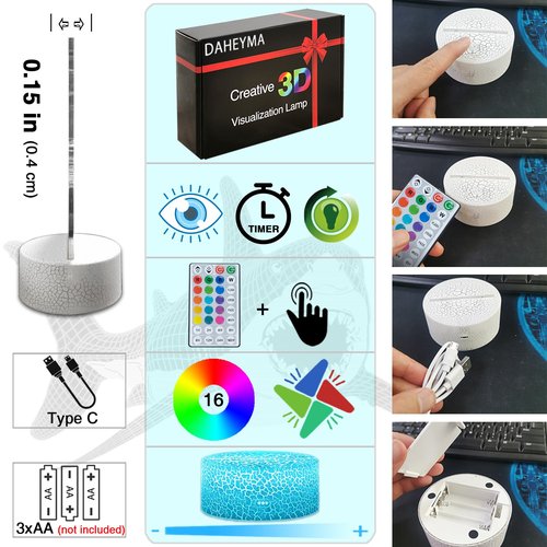 DAHEYMA Shark 3D Light Illusion, 16 Colors LED Dimmable Night Light - Touch and Remote Control, Room Home Decor Shark Lamp with Tpye-C Cable