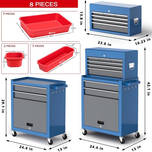 AIRAJ Tool Chest 8-Drawer,42'' Large Rolling Tool Chest with Wheels,Detachable Top Metal Tool Box,Garage Storage Cabinet for Repair Room,Warehouse,Rolling Tool Box with Hooks,Liners,Tray Divider