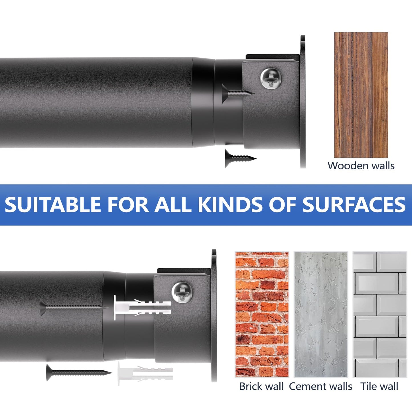 SUTINE Closet Rods for Hanging Clothes, 17 to 53 Inch Closet Rod, Heavy Duty Adjustable Clothes Hanging Bar Rod Matte Black Closet Poles for Wardrobes, Closet, Bathroom, Windows,1.3 Inch Diameter