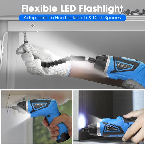 MXMZHXU 8V Electric Screwdriver with 2X 2000mAh Battery,6+1Torque, 10N·m Max Rechargable Cordless Screwdriver,47pcs Bits, LED Light,Flexible Shaft