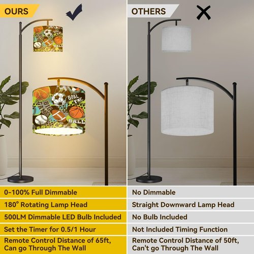DERUINVAIO Basketball Seamless Sport Rugby Baseball Arc Floor Lamp with Remote Tall Standing Light Working with Adjust Head Dimmable LED Bulb Reading Light for Living Room Office