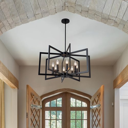 KEEPFFYE 8-Light Black Chandelier, 27" Farmhouse Dining Room Light Fixture,Geometric Metal Industrial Modern Chandelier for Entryway Foyer Kitchen Over Table Bedroom Living Room