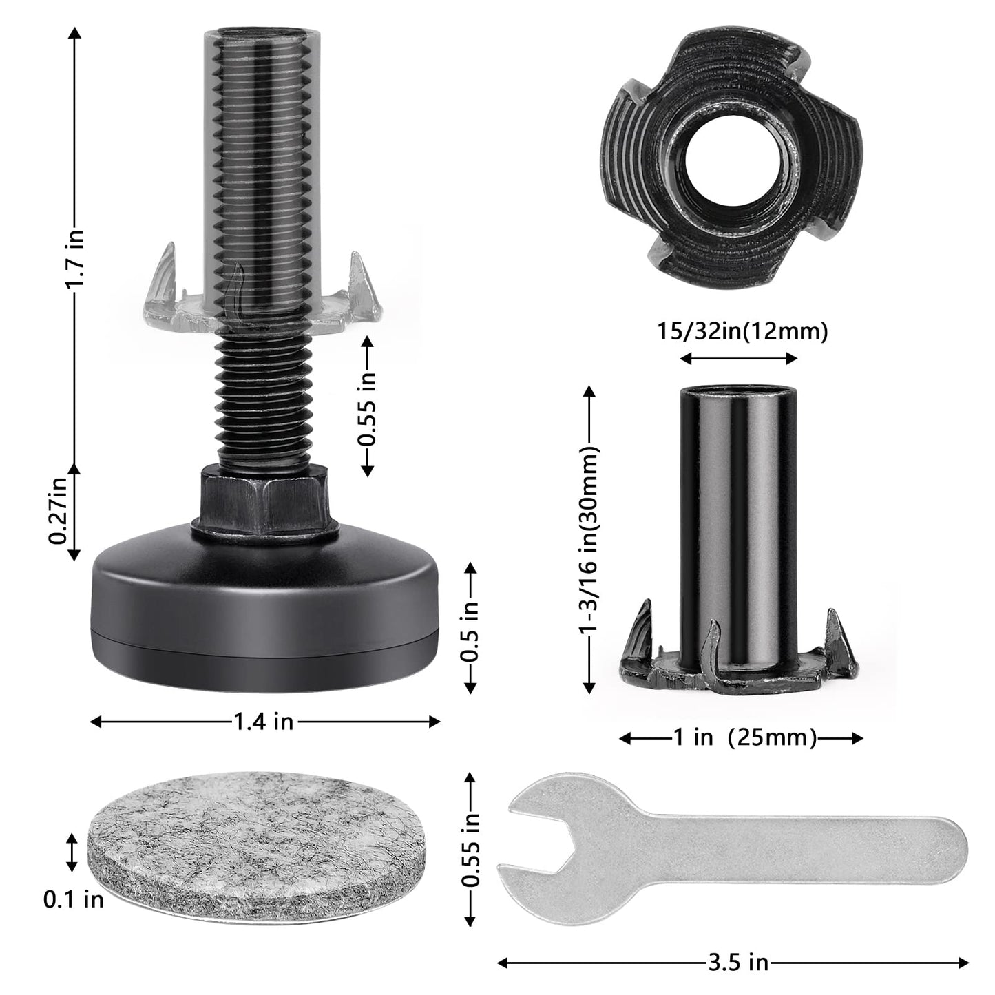 Heavy Duty Furniture Leveling Feet M10 Thread Furniture Levelers Adjustable Furniture Feet w/ T-nut Kit Table Levelers for Cabinet Workbench Chair Sofa and More,Large Base Supports 1320LBs-4 Packs