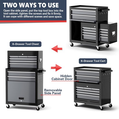 Tool Chest 8-Drawer | 42'' Large Rolling Tool Chest with Wheels | Detachable Top Metal Tool Box | Garage Storage Cabinet for Repair Room,Warehouse | Rolling Tool Box with Hooks,Liners,Tray Divider