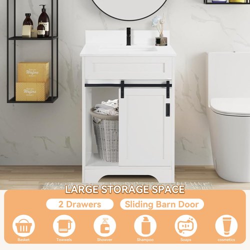 SmartEdge 24 Inch Farmhouse Bathroom Vanity with Sink Combo, White with Sliding Barn Doors and 2 Drawers, Freestanding Bathroom Cabinet, Single Bath Storage Vanity Ceramic Sink, White