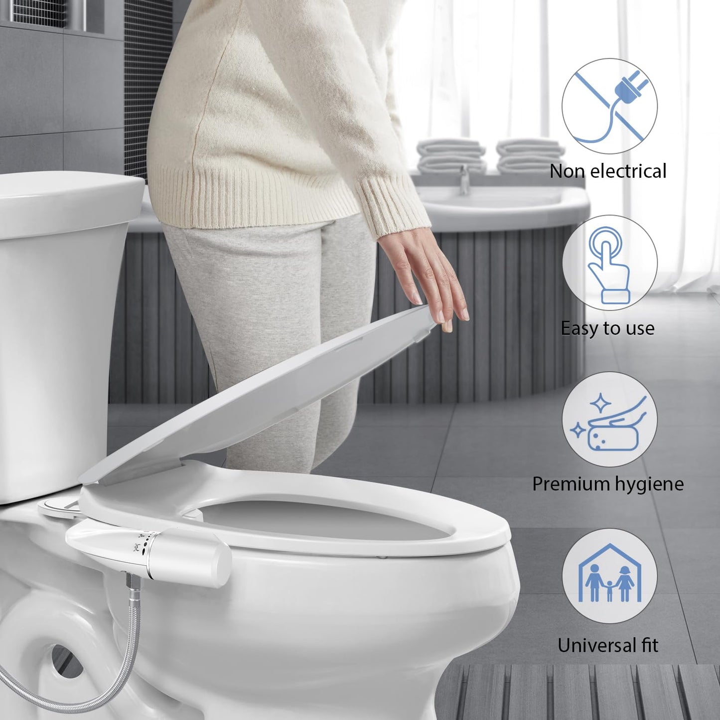 SHIKITEK Bidet Attachment for Existing Toilet Seats, Ultra-Slim, Non Electric, Dual Nozzle, Rear & Feminine Wash, Fresh Cold Water Sprayer, Badays Bedets Bedits Badette Bidgets, Silver