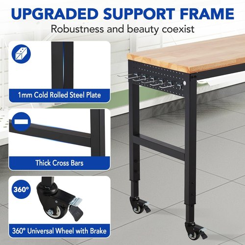 Adjustable Workbench 75' x 25', 2000 Lbs Load Capacity, 29.5"-38.4" Heights Garage Worktable with Universal Wheels & Power Outlet, Heavy-Duty Table for Workshop Office Home Commercial