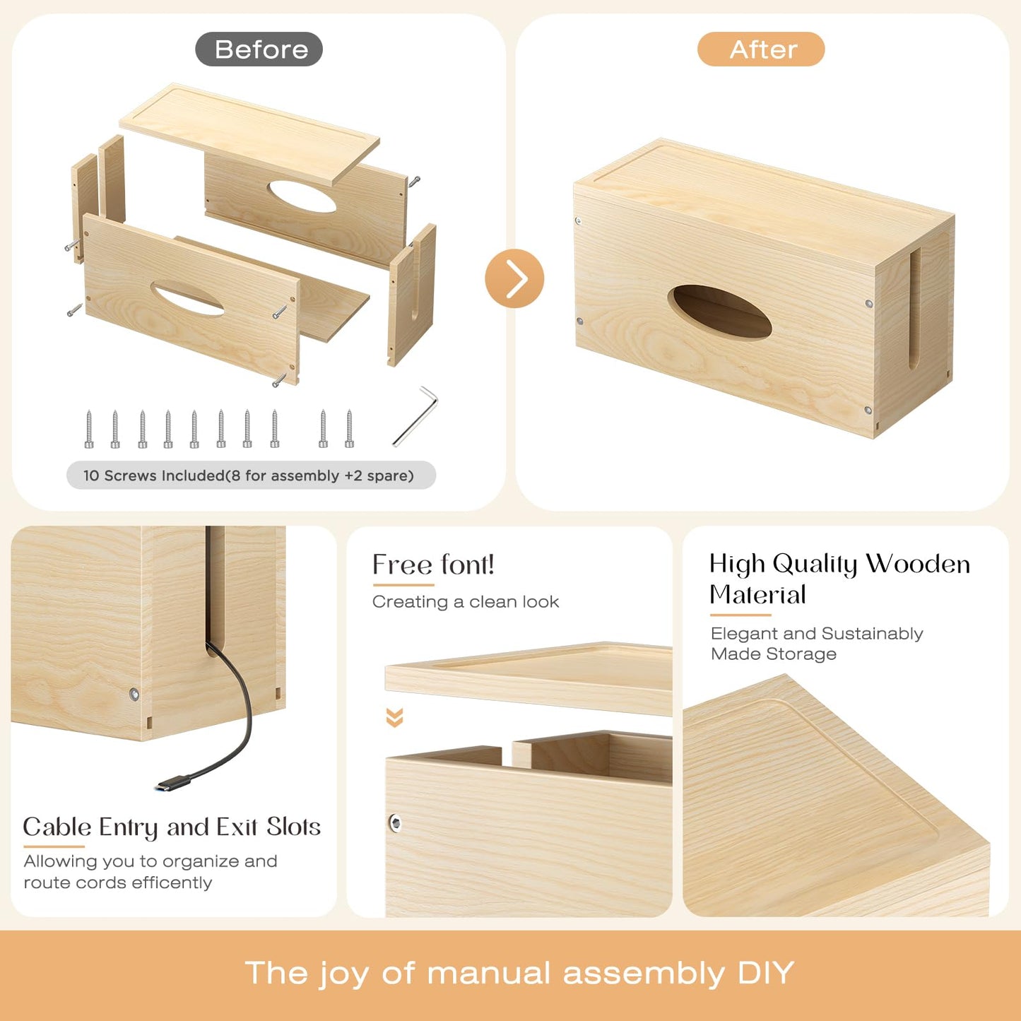 Pine Wooden Large Cable Management Box, Cord Organizer Cover Cord Hider Floor Outlet Hiders for TV Wires, Computer, Router, USB Hub Under Desk Power Strip Electrical Cord Management (1)