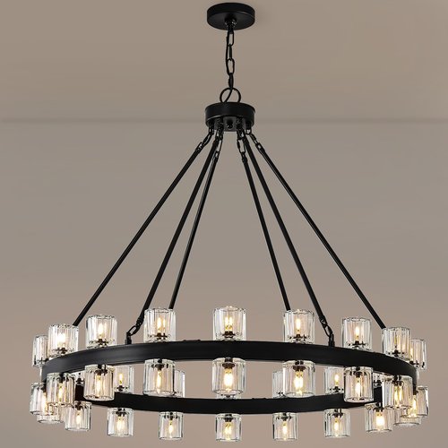Kirahee Black Wagon Wheel Chandelier, 36" Crystal Chandelier for Dining Room Over Table, 36-Lights Hanging Pendant Light Fixtures for Living Room, Bedroom, Entryways, Includes Bulbs