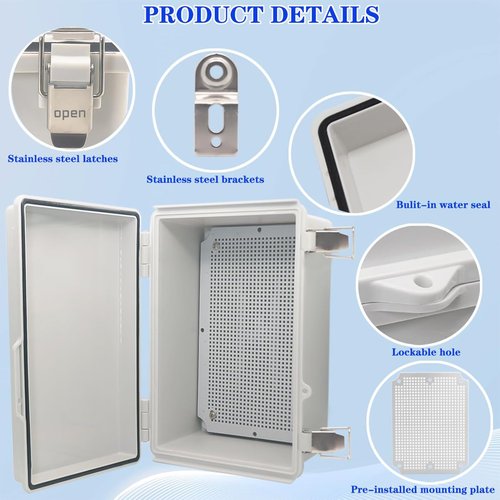 YETLEBOX Waterproof Electrical Box, IP67 Junction Box Stainless Steel Latch Hinged Grey Cover Project Enclosure with Wall Bracket 11.1"x7.5"x5.5"