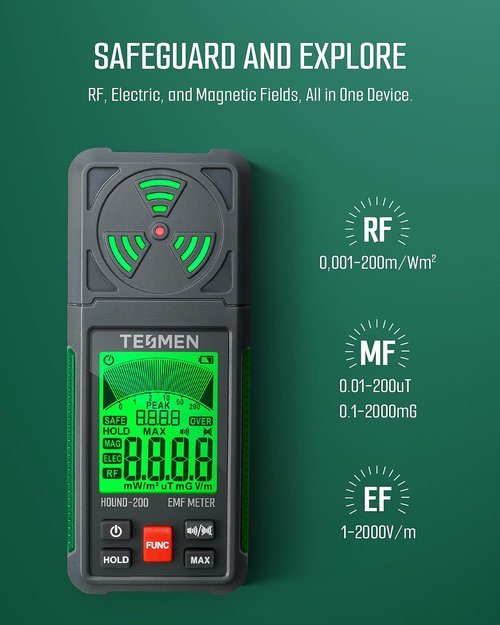 TESMEN EMF Meter, Hound-200 EMF Detector: 3-in-1 Portable Electromagnetic Field Radiation Detector for EF, RF, MF, WiFi Signal, Suitable for Home, Office EMF Inspections and Ghost Hunting - Green
