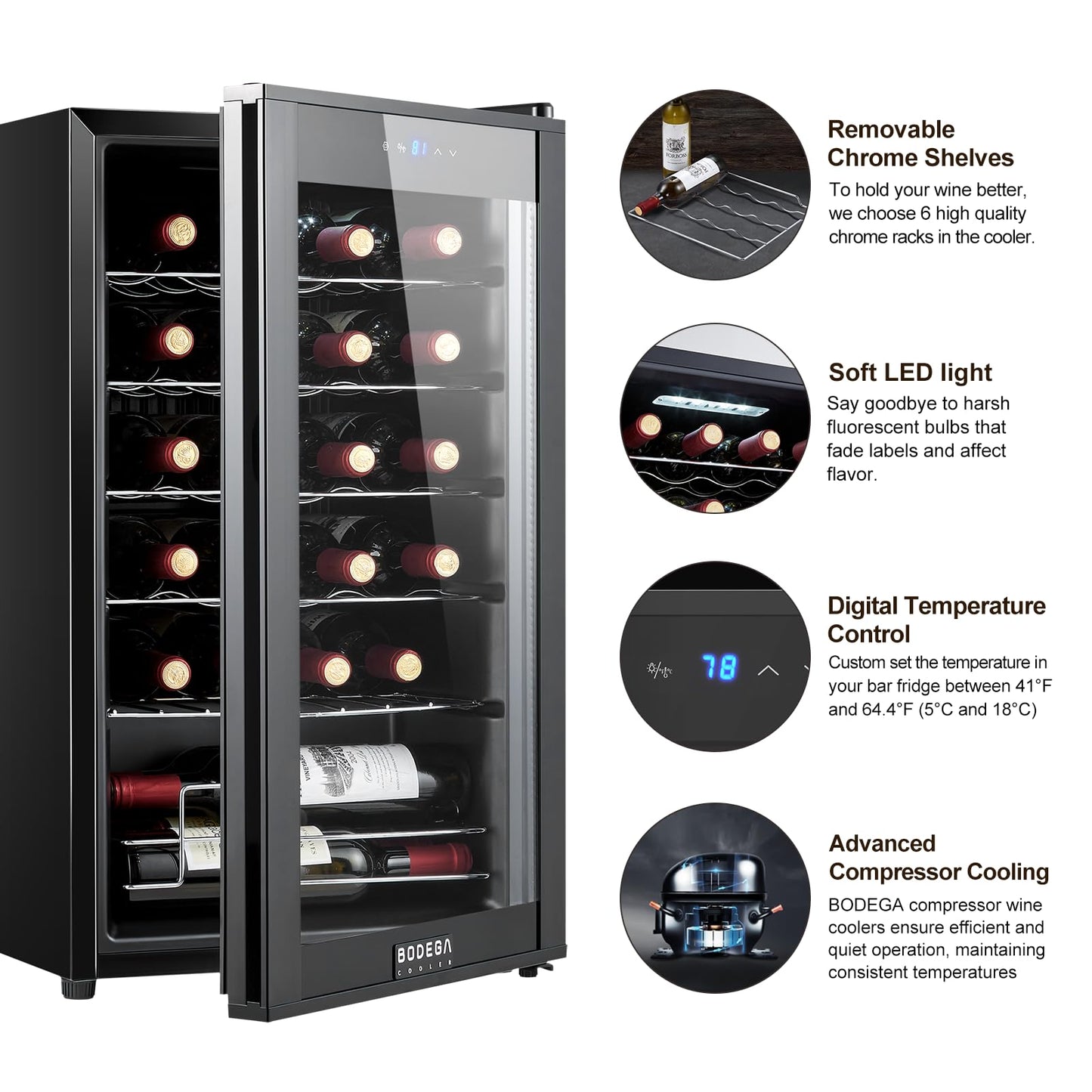 BODEGACOOLER 24 Bottle Mini Fridge for Bedroom, Compressor Wine Cooler Refrigerator for Home and Kitchen, Wine Cooler with Digital Temperature Control & Double-layer Glass Door for Wine, Champagne.