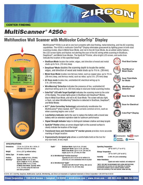 Zircon MultiScanner A250c All-In-One Stud Finder/Metal Detector/Live AC Wire Detection and Scanner