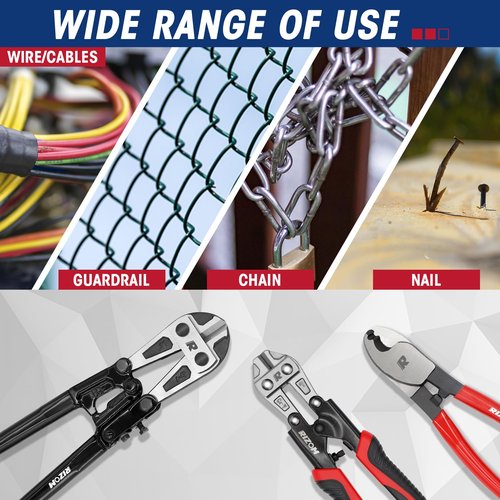 RIZOM 3-Piece Bolt Cutter Pliers Set, 14" Heavy Duty Bolt Cutter, 8" Mini Bolt Cutter, 8" Wire Cable Cutter with Carrying Bag, Cr-V Blade for Cutting Locks, Steel Wire, Barbed Wire, Chains