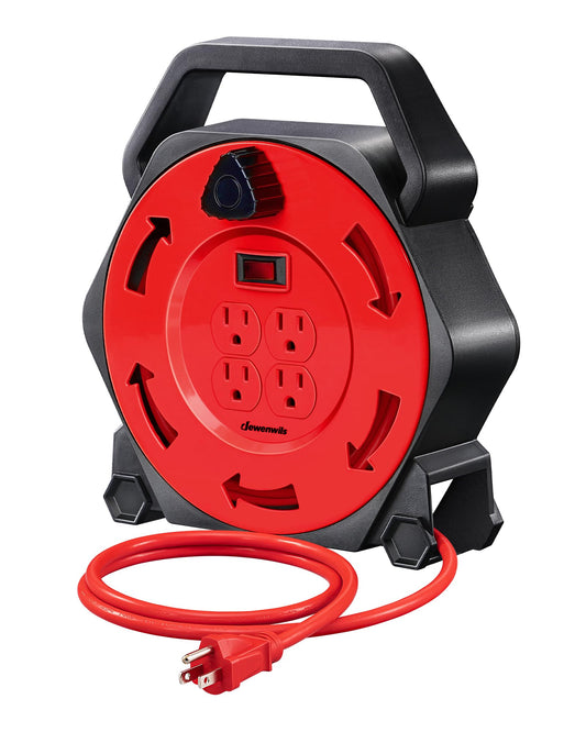 DEWENWILS Extension Cord Reel with 25 FT Power Cord, Hand Wind Retractable, 16/3 AWG SJTW, 4 Grounded Outlets, 13 Amp Circuit Breaker, Red, Red Cord, UL Listed