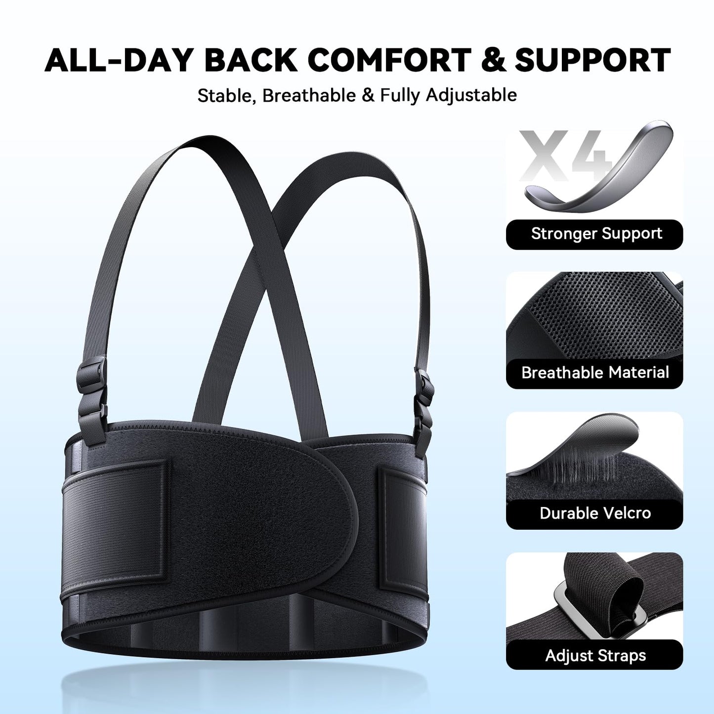 SOLOEVER Work Back Brace for Men & Women, Adjustable Lower Back Support Belt for Sciatica, Herniated Disc, Pain Relief, Moving Construction Warehouse Heavy Lifting Safety & Protection (Black, Large)
