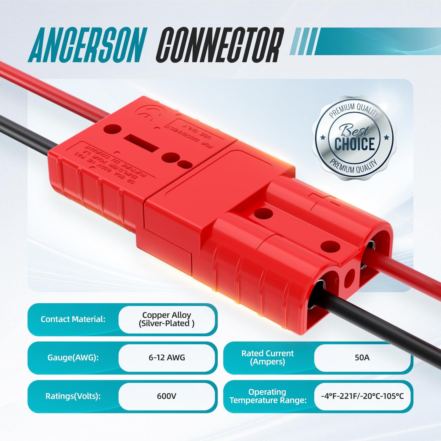 Hilictokt Anderson Connector 50A, 6AWG - 12AWG Battery Quick Connect 12V-36V Anderson Plug Winch Wiring Kit for Winch, RV, Truck & Marine Applications (2-Pack) -Red