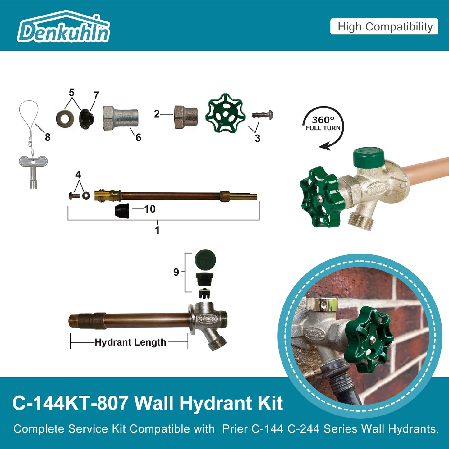 Denkuhin C-144KT-807 Complete Wall Hydrant Faucet Service Repair Kit Fit for Prier C-144 C-244 Series Wall Hydrant Replace Outdoor Faucet Repair Kit