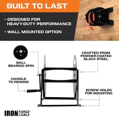 Iron Forge Cable RV Power Cord Reel Metal - Heavy Duty Extension Cord Reel, Holds 50ft 50 Amp RV Wire - Ball Bearing Spin, Powder-Coated Black Steel Frame, Floor or Wall Mountable Base