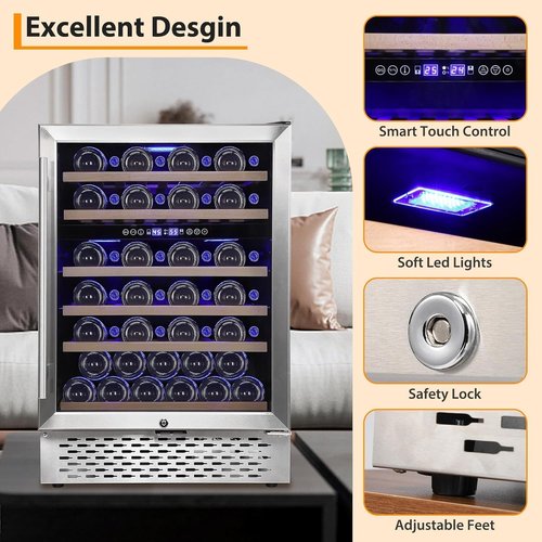 EliteEdge 51-Bottle Dual Zone Wine Cooler,Quiet Operation, LED Lighting, Adjustable Shelves, Freestanding/Built-In Design with Lockable Glass Door