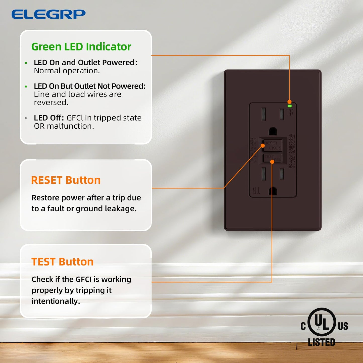 ELEGRP GFCI Outlet 15 Amp, Self-Test GFI Electrical Outlet with Thinner Design, TR Tamper Resistant GFCI Receptacle, Ground Fault Circuit Interrupters with Wall Plate, UL Listed, Matte Brown, 2 Pack