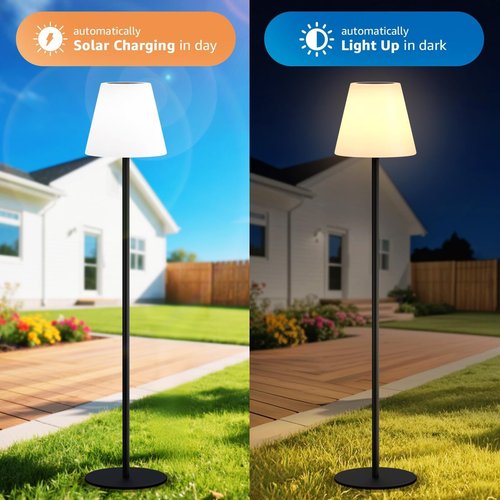 GGII Solar Outdoor Floor Lamp USB Rechargeable Cordless Dimmable RGB Warm White LED Lights for Yard Garden Patio Round Base 59 inch Black